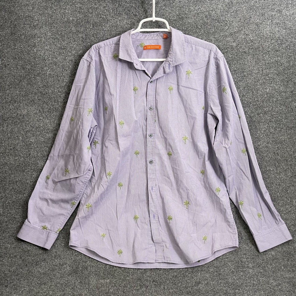 Tori Richard Seersucker Shirt Mens Sz L Purple Long Sleeve Palm Tree Embroidered
